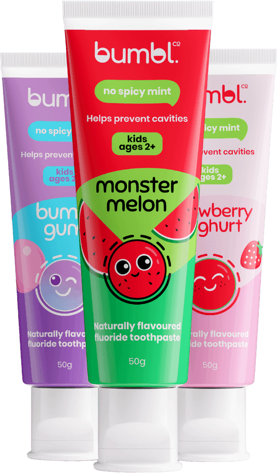 Bumbl Co Tasty Trio — Bumbl Gum, Monster Melon and Strawberry Yoghurt toothpaste tubes together